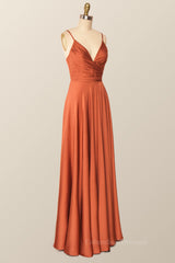 Casual Dress, Rust Color V Neck Long Party Dress
