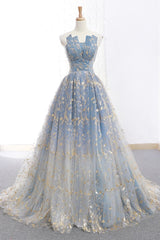 Long Sleeve Dress, Elegant A Line Blue Tulle Long Strapless Lace Up Gold Evening Dress, Prom Dresses, Js223