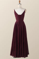 Prom Dress Corset Ball Gown, Twisted Front Burgundy Chiffon Long Bridesmaid Dress