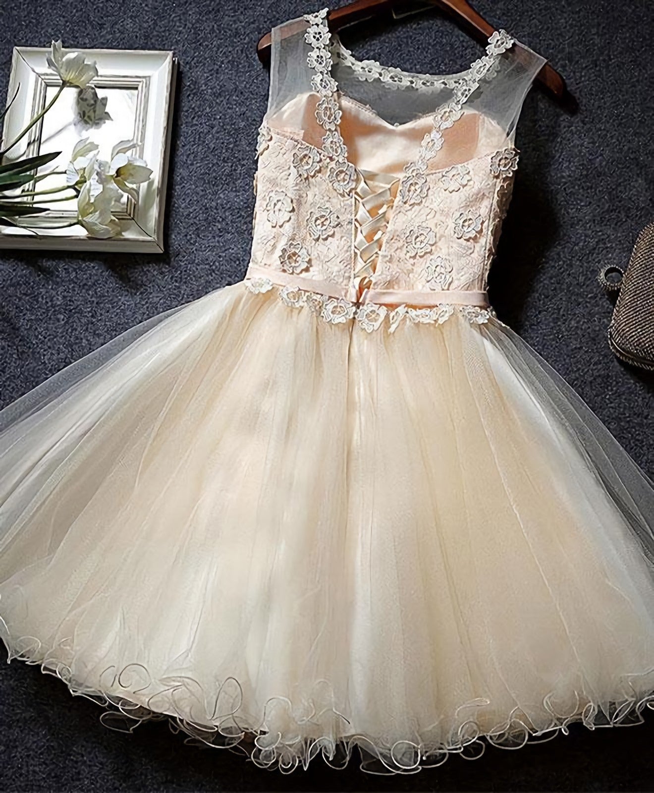 Party Dresses And Jumpsuits, Cute Champagne A Line Lace Short Prom Dress, Homecoming Dress
