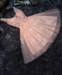 Indian Wedding Dress, Pink V Neck Tulle Lace Short Prom Dress, Homecoming Dresses