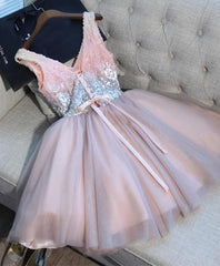 Party Dress Set, Cute Pink V Neck Tulle Seqsuins Short Prom Dress, Cocktail Dress
