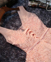 Bridesmaid Nail, Pink V Neck Tulle Lace Short Prom Dress, Homecoming Dresses