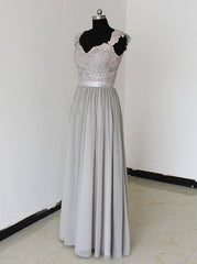 Evening Dresses Classy, Elegant A-Line Chiffon Silver Long Bridesmaid Dress with Lace Appliques