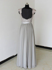 Evening Dresses Princess, Elegant A-Line Chiffon Silver Long Bridesmaid Dress with Lace Appliques