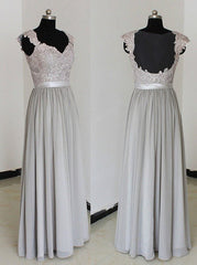 Evening Dress Simple, Elegant A-Line Chiffon Silver Long Bridesmaid Dress with Lace Appliques