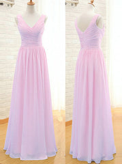 Homecoming, Simple A-Line V Neck Floor Length Pink Chiffon Bridesmaid Dress