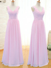 Cute Summer Dress, Simple A-Line V Neck Floor Length Pink Chiffon Bridesmaid Dress