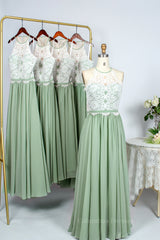 Homecoming Dresses Formal, Sage Green Chiffon and Halter White Lace Long Bridesmaid Dress
