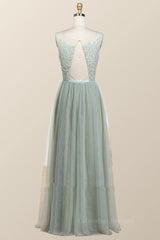 Homecoming Dresses Baby Blue, Sage Green Lace and Tulle Long Bridesmaid Dress