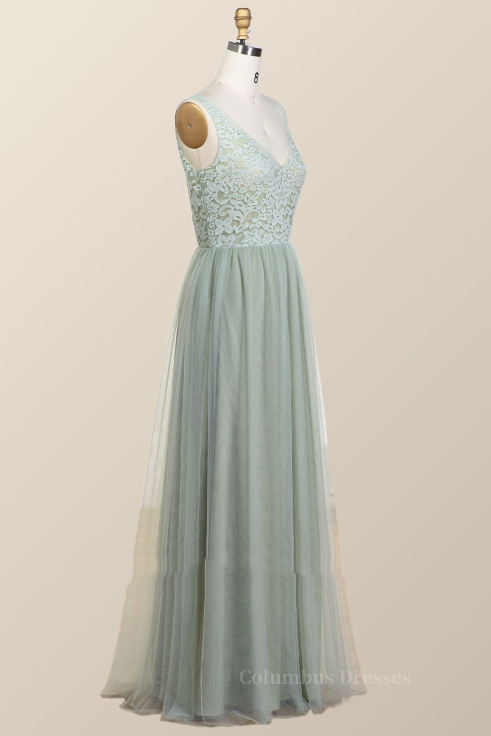 Homecoming Dresses Modest, Sage Green Lace and Tulle Long Bridesmaid Dress