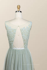 Homecoming Dress Modest, Sage Green Lace and Tulle Long Bridesmaid Dress
