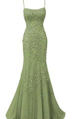 Party Dress Fancy, Sage Green Lace Appliques Dresses Long Prom Dress Mermaid Spaghetti Straps Evening Dress
