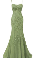 Bridesmaid Dress Fall Wedding, Sage Green Lace Appliques Long Prom Dress Mermaid Spaghetti Straps Evening Dresses