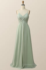 Formal Dress Long Gowns, Sage Green Pleated Straps Long Bridesmaid Dress