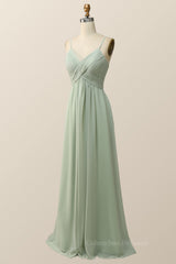 Formal Dresses Long Gowns, Sage Green Pleated Straps Long Bridesmaid Dress