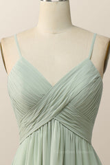 Formal Dress For Ladies, Sage Green Pleated Straps Long Bridesmaid Dress