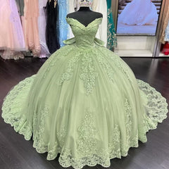 Bridesmaid Dresses Earth Tones, Sage Green Princess Quinceanera Dresses Applique Off Shoulder Sweet 16 Dress