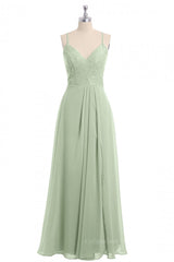Spring Wedding, Sage Green Straps A-line Long Bridesmaid Dress