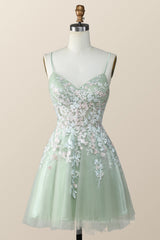 Party Dress Large Size, Sage Green Tulle Floral Embroidered A-line Homecoming Dress