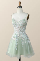 Party Dress Bridal, Sage Green Tulle Floral Embroidered A-line Homecoming Dress