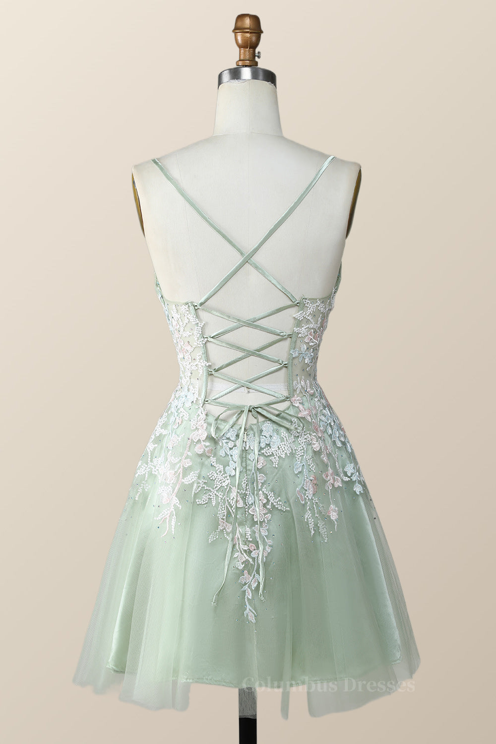 Party Dresses For Short Ladies, Sage Green Tulle Floral Embroidered A-line Homecoming Dress