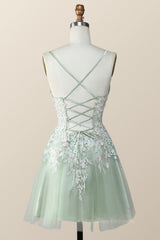 Party Dresses For Short Ladies, Sage Green Tulle Floral Embroidered A-line Homecoming Dress