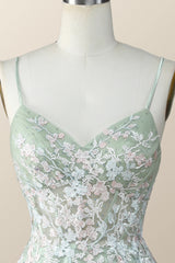 Party Dress Mini, Sage Green Tulle Floral Embroidered A-line Homecoming Dress