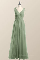 Homecome Dresses Short Prom, Sage Green V Neck A-line Long Bridesmaid Dress