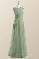Homecoming Dresses Vintage, Sage Green V Neck A-line Long Bridesmaid Dress