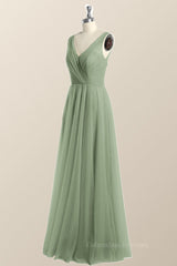 Homecoming Dress Vintage, Sage Green V Neck A-line Long Bridesmaid Dress