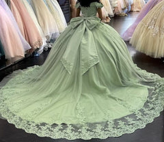 Chiffon Dress, Lace Sage Green Quinceanera Dresses Applique Off Shoulder Sweet 16 Dress