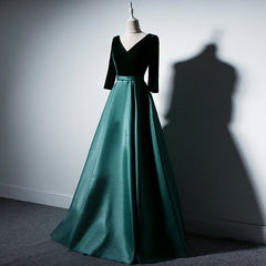 Black Formal Dress, Satin and Velvet Short Sleeves Prom Dress, A-line Green Party Dress