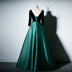 Long Sleeve Prom Dress, Satin and Velvet Short Sleeves Prom Dress, A-line Green Party Dress