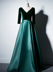 Night Dress, Satin and Velvet Short Sleeves Prom Dress, A-line Green Party Dress