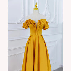 Party Dress Hair Style, Satin Dark Yellow Off Shoulder Party Dress, A-line Satin Prom Dress