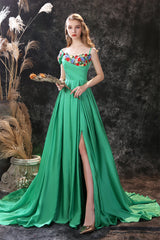 Sage Green Bridesmaid Dress, Satin Floral Applique High Split A Line Court Train Prom Dresses