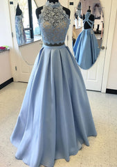 Evening Dress, Satin Prom Dress A-Line/Princess High-Neck Long/Floor-Length With Lace