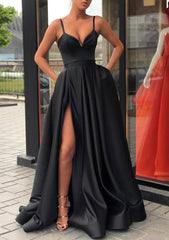 Black Dress, Satin Prom Dress A-line/Princess Long/Floor-Length Sleeveless With Split Pockets