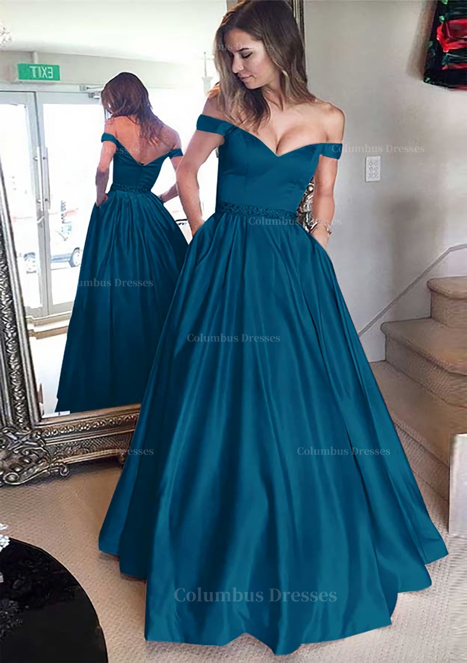 Bridesmaid Dresses White, Satin Prom Dress A-Line/Princess Off-The-Shoulder Long/Floor-Length With Beaded