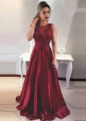 Long Dress Formal, Satin Prom Dress A-Line/Princess Scoop Neck Sweep Train With Appliqued