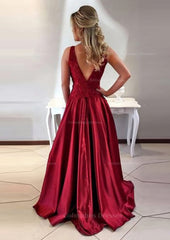 Strapless Dress, Satin Prom Dress A-Line/Princess Scoop Neck Sweep Train With Appliqued