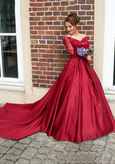Homecoming Dresses Cute, Satin Prom Dress Ball Gown V-Neck Cathedral Train With Lace
