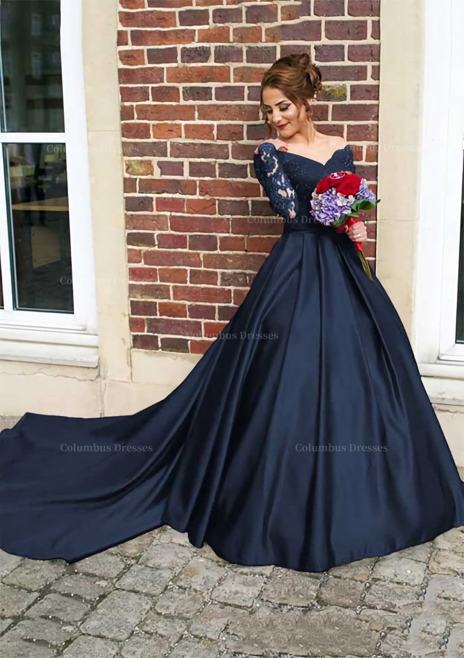 Homecoming Dress Inspo, Satin Prom Dress Ball Gown V-Neck Cathedral Train With Lace