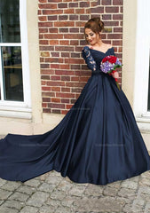 Homecoming Dress Inspo, Satin Prom Dress Ball Gown V-Neck Cathedral Train With Lace