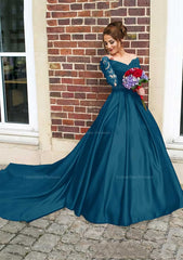 Homecoming Dresses For Girl, Satin Prom Dress Ball Gown V-Neck Cathedral Train With Lace