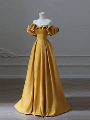 Prom Dresses Country, Satin Yellow Long Prom Dress, Aline Formal Yellow Graduation Party Dress