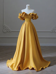 Prom Dress Long Formal Evening Gown, Satin Yellow Long Prom Dress, Aline Formal Yellow Graduation Party Dress