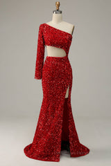 Bridesmaids Dress Shopping, Scarlet Mermaid One Shoulder Satin Long Sleeve Silt Long Prom Dress