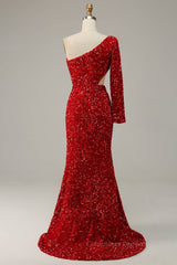 Bridesmaid Dresses Shop, Scarlet Mermaid One Shoulder Satin Long Sleeve Silt Long Prom Dress